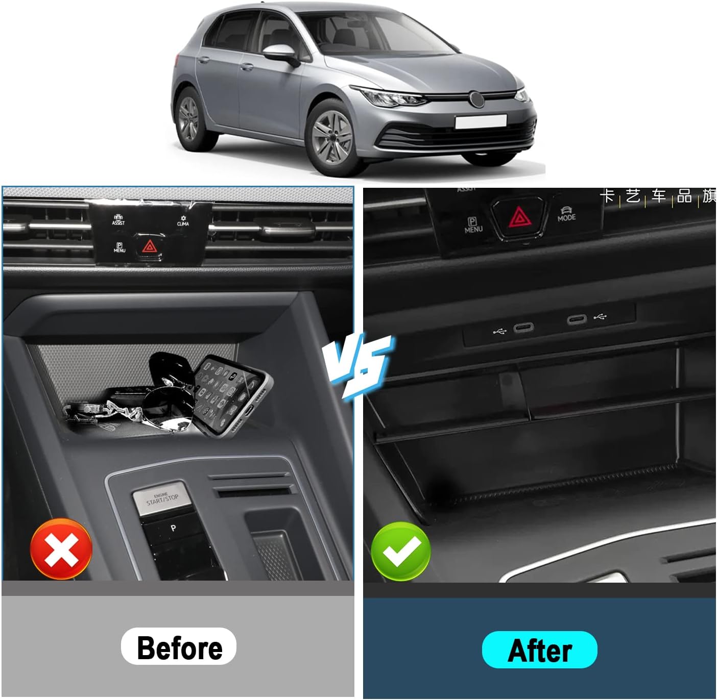 For VW Golf 8 MK8 8.5 GTI GTD GTE Center Console Organizer Tray 2020+
