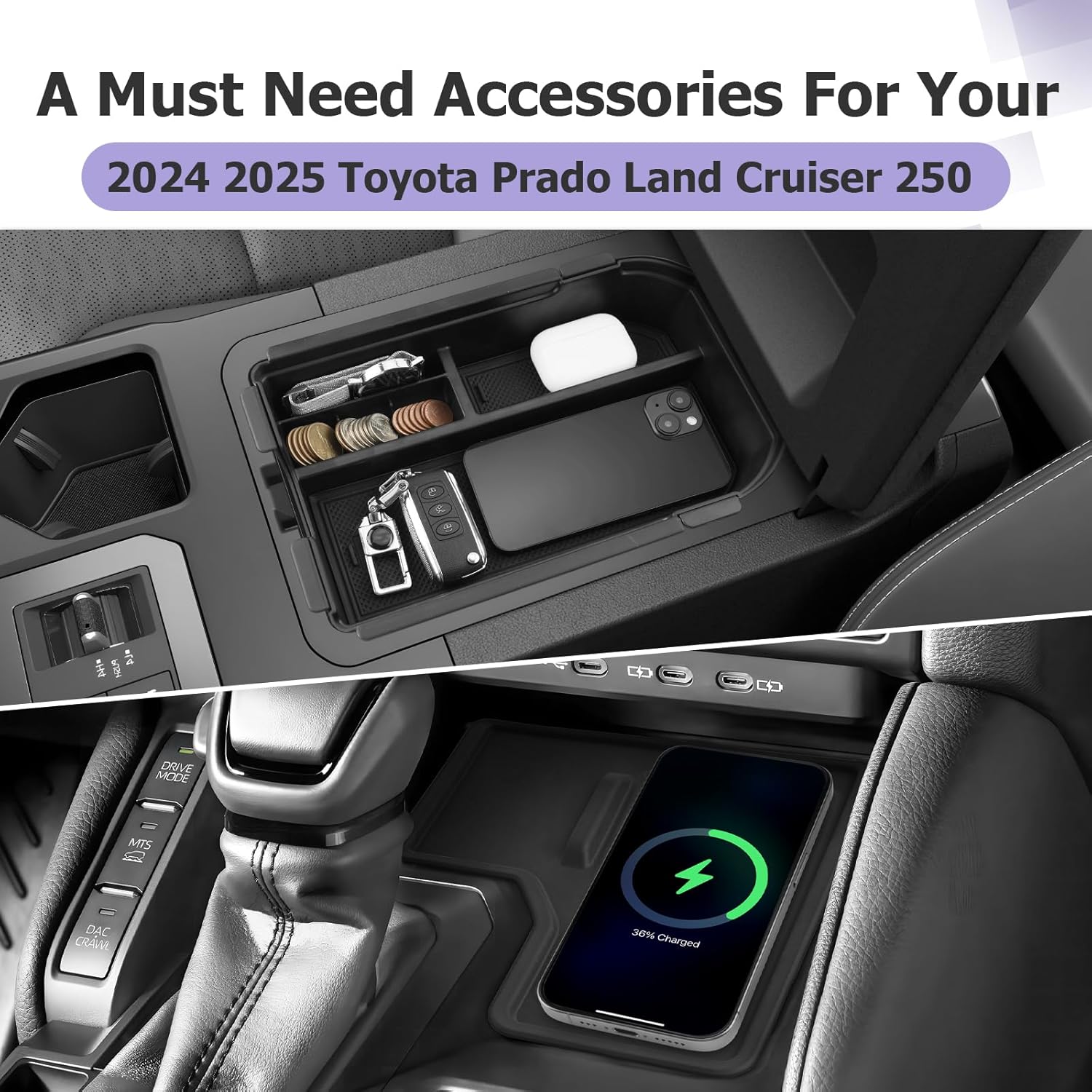 For Toyota Land Cruiser LC250 Prado J250 Center Armrest Organizer 2024 2025 2026