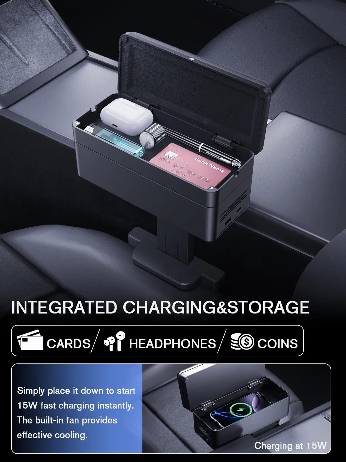 Ruiya Upgraded Universal Height Adjustable Wireless Charge Armrest Storage box