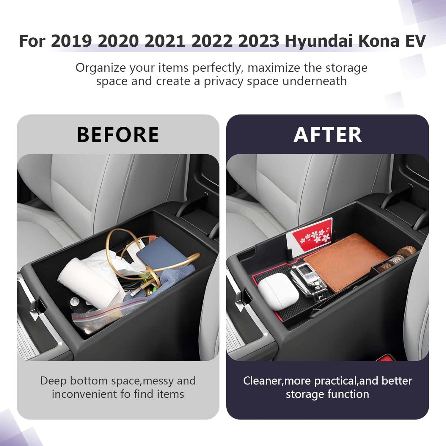 For Hyundai Kona EV SE/SEL/Limited Center Console Armrest Organizer 2019-2023