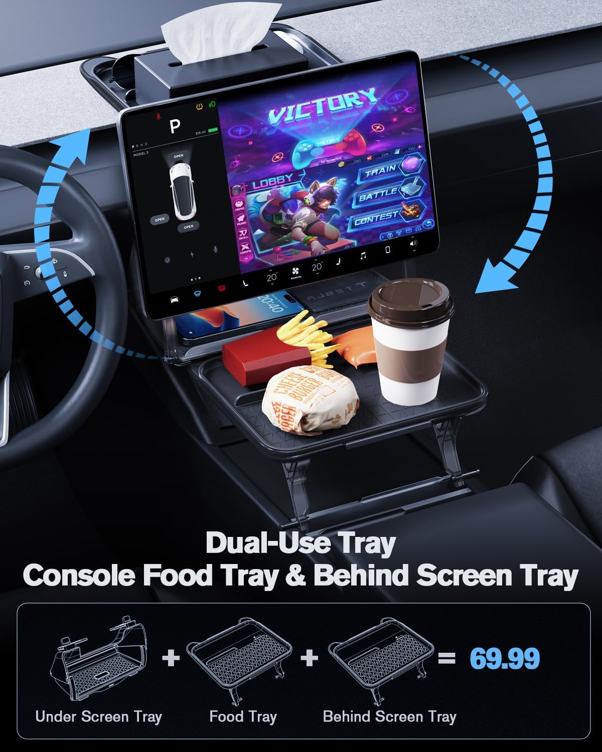 For Tesla Model 3/Y 2-in-1 Car Food Tray& Behind Screen Organizer 2016+