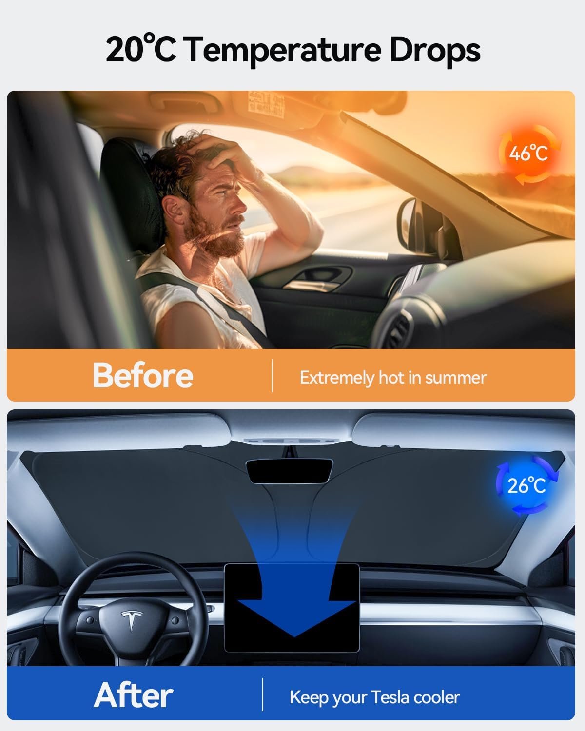 For Tesla Model 3/Y Foldable UV Sun Visor Protection Cover with Storage Bag 2018-2025